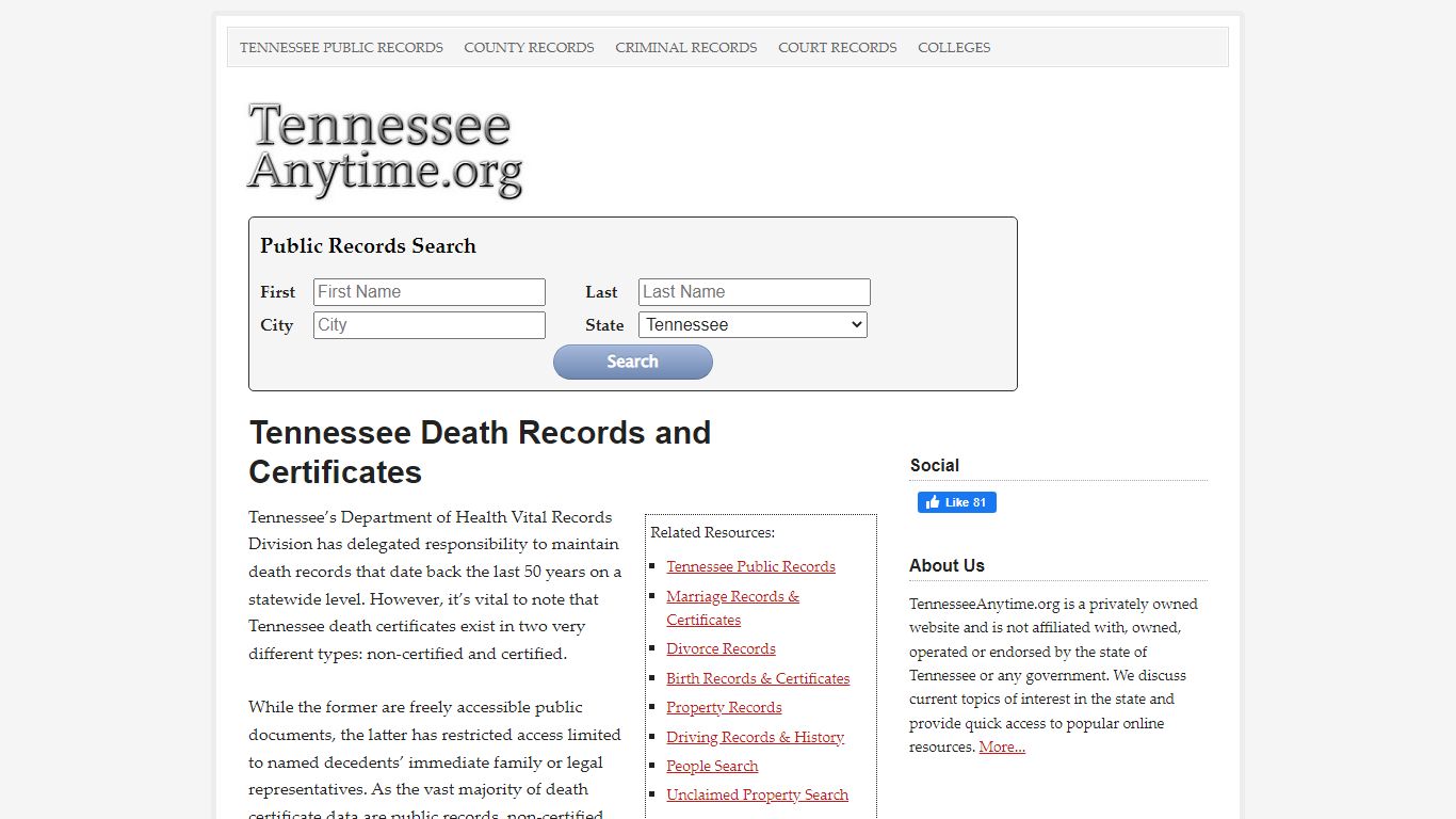 Tennessee Death Records and Certificates - TennesseeAnytime.org