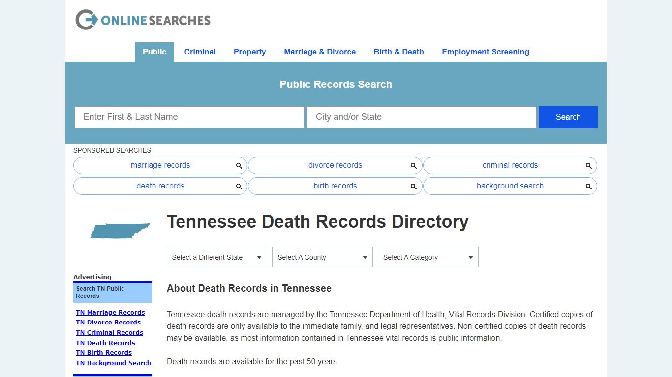 Tennessee Death Records Search Directory - OnlineSearches.com